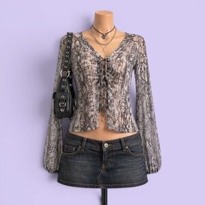Vintage Y2K INC Snakeskin Sheer Lace Up Blouse Gray Small Nylon Top Women's S